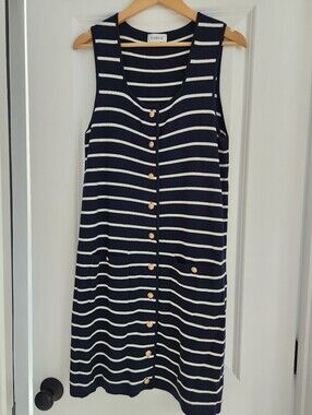 Evereve Striped Navy And White Sleeveless Heavy Knit Button Up Dress